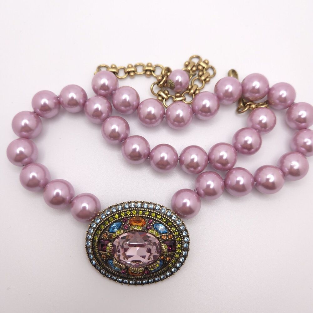 Heidi Daus | Pink Glass Bead Chocker Necklace Oval Pendant